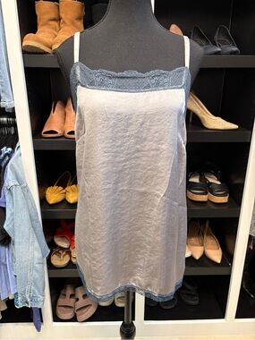 CAbi Lace-Trim Camisole in Light Grayish Lavender with Blue Detailing
